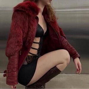 Unique Vintage red Fur and Leather Jacket